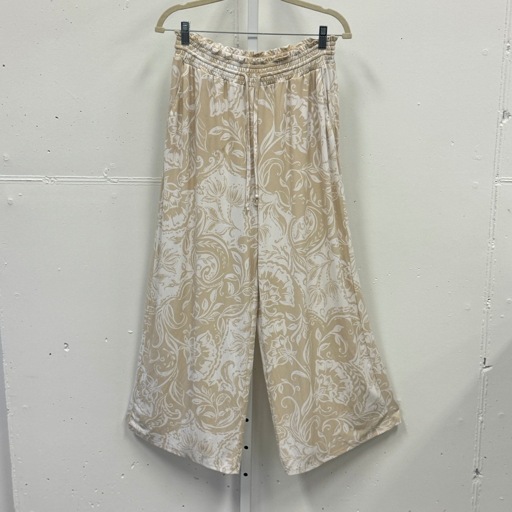 Ellen Tracy Floral Paisley Wide Leg Lounge Pants Smocked Waist Large Tan White